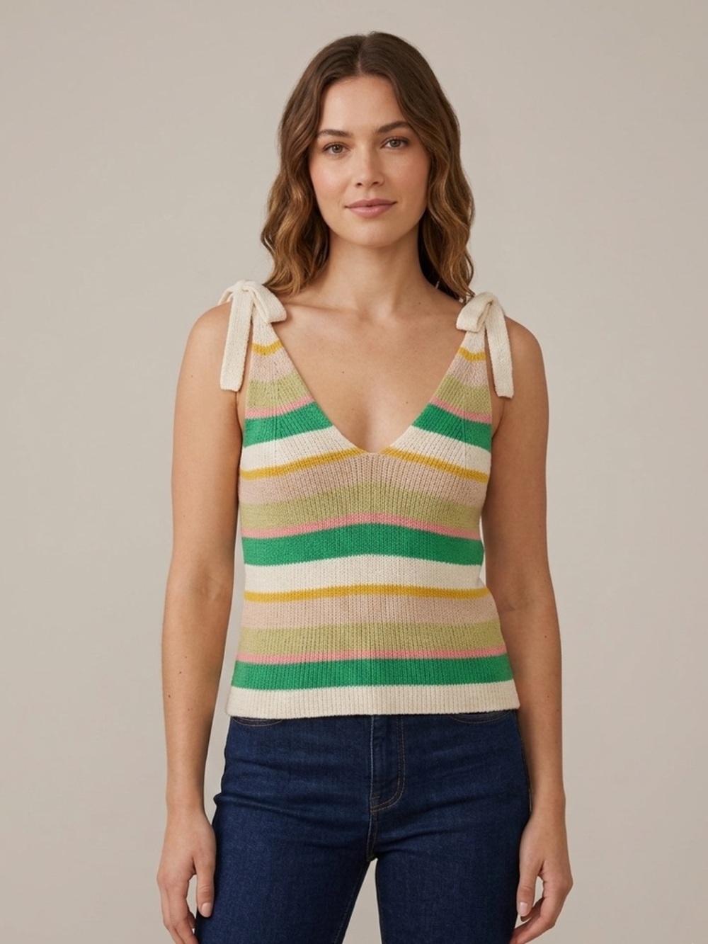 BCBG MAXAZRIA | Striped Bow Shoulder Ribbed Knit Tank XXS Pink Cream V Neck